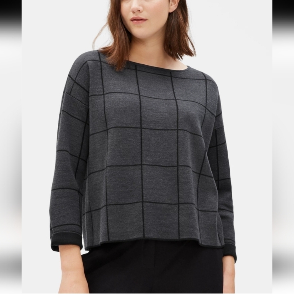Eileen Fisher Boxy Fit Bateau Neck Window Pane Merino Wool Sweater Black…